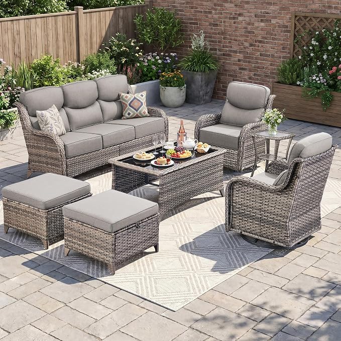 Luxury Patio Furniture Set 7pcs with 6-inch Cushion, Outdoor Furniture with Coffee Table, Swivel Chairs, Sofa, Side Table, Ottomans, Patio Set for Deck Yard and Poolside Grey Wicker | Grey Cushions