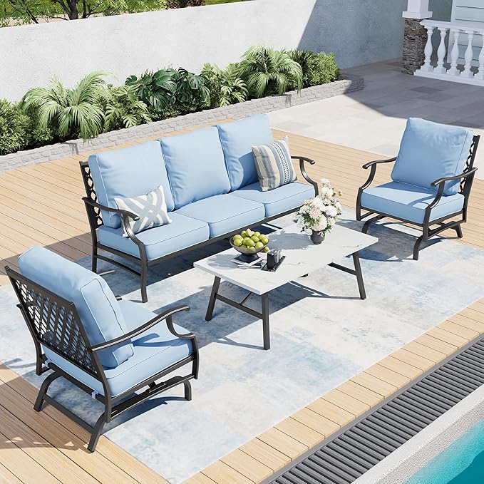 4 Piece Metal Outdoor Patio Furniture Set, Patio Conversation Set 1 3-seater Sofa, 2 Rocking Chair with 5.75" Extra Thick Cushion and Coffee Table, Black Frame Backyard Furniture, Blue