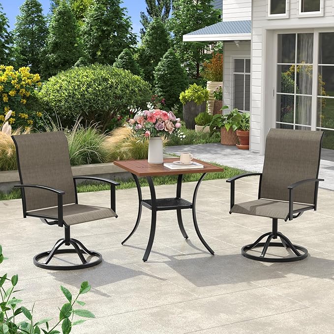 VICLLAX Outdoor Table and Chairs Set for 2, Small Patio Dining Set with 27.5" Metal Square Patio Table & 2 Swivel Outdoor Dining Chairs for Backyard Lawn Porch Garden, Mixed Brown & Walnut