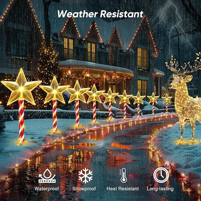 Solar Christmas Lights Outdoor Waterproof: 8 Pack Star Solar Christmas Decorations Outdoor with 8 Modes, Solar Candy Cane Pathway Lights Outside for Yard Walkway Driveway Xmas Decor - Warm White