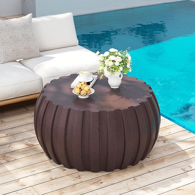 35.43" Concrete Outdoor Table,Modern Round Stone Coffee Table,Waterproof Outdoor Coffee Table for Patio for Terraces, Gardens, Backyards and Living Rooms (Brown, 35.43")