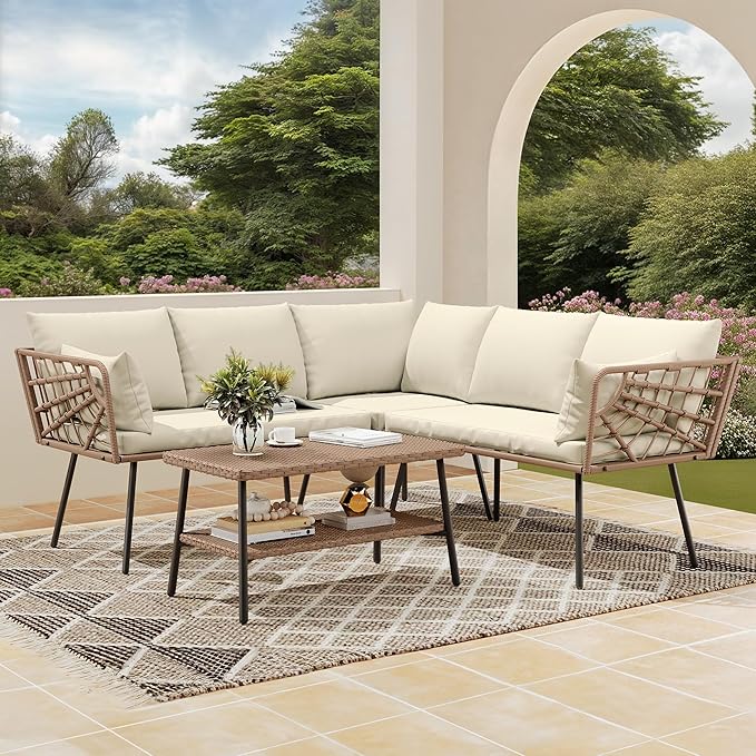 DWVO 4 Pieces Patio Furniture Set Outdoor Wicker Conversation Sectional L-Shaped Sofa with 2-Tier Coffee Table and Thick Cushions Outdoor sectional with 5 Seater for Backyard Porch (Beige)