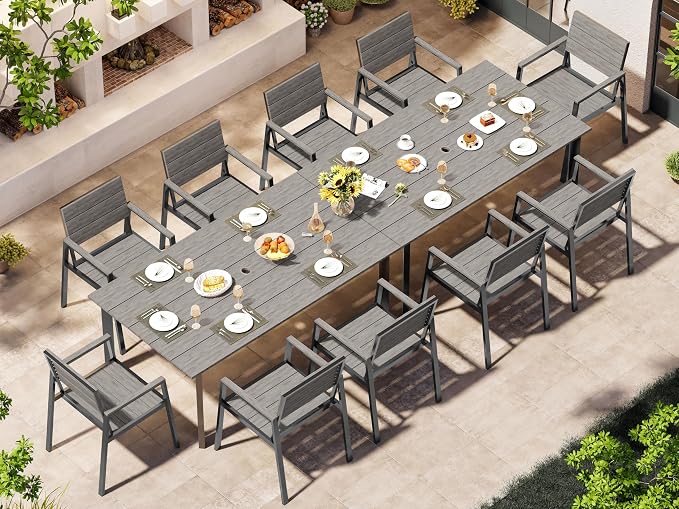Outdoor Dining Set for 10, Patio Table and Chairs Set with Umbrella Hole, 12 Pieces HDPS + Aluminum Outdoor Furniture Sets for Patio, Garden (Gray)
