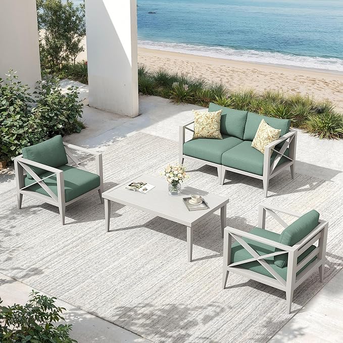 5-Piece Aluminum Patio Furniture Set, Oversized Outdoor Conversation Sofa Set with Coffee Table, White All-Weather Deep Seating, Rust-Proof Frame for Backyard, Deck, Porch, or Balcony