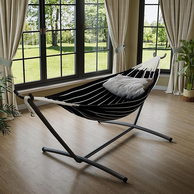 Hammock with Stand for Outside，450 lb Weight Capacity Double Hammock，Heavy Duty Steel Frame，Premium Carry Bag, Portable Hammock for Indoor, Patio, Beach - Onyx