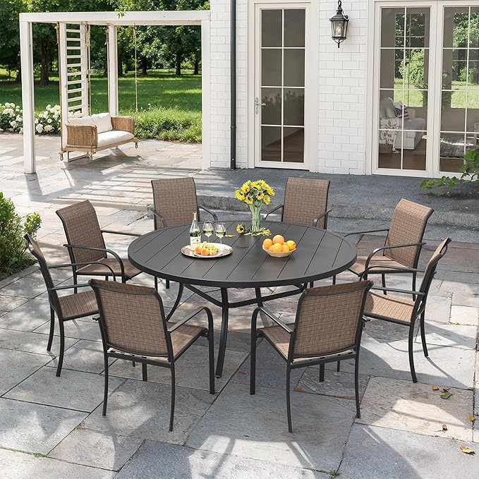 VICLLAX 9 Pieces Patio Outdoor Dining Set, 53" Round Metal Table with Umbrella Hole and 8 Stackable Textilene Chairs for Patio, Lawn, Garden, Porch, Black/Brown
