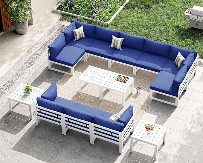 NICESOUL 14 Piece Extra Large Contemporary Aluminum Outdoor Furniture Set with End Table 29" Deep Wide Couch Set, 500 lbs High Weight Capacity Modular Patio Sectional Sofa for Poolside Deck, Navy Blue