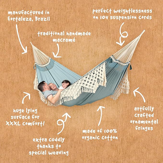 LA SIESTA® - XL King Bossanova Brazilian Hammock - Luxurious Comfort, Organic Cotton Handmade in Brazil - Boho Hammock, Macrame Hammock - Extra-Wide Indoor Hammock Bed for Relaxation - Fjord