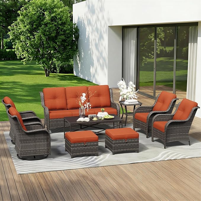 9 Piece Outdoor Wicker Patio Furniture Set, Patio Chairs Set with Thickened Olefin Cushions, High Back and Deep Seating, Hand-Woven PE Rattan, Ottoman for Porch, Deck