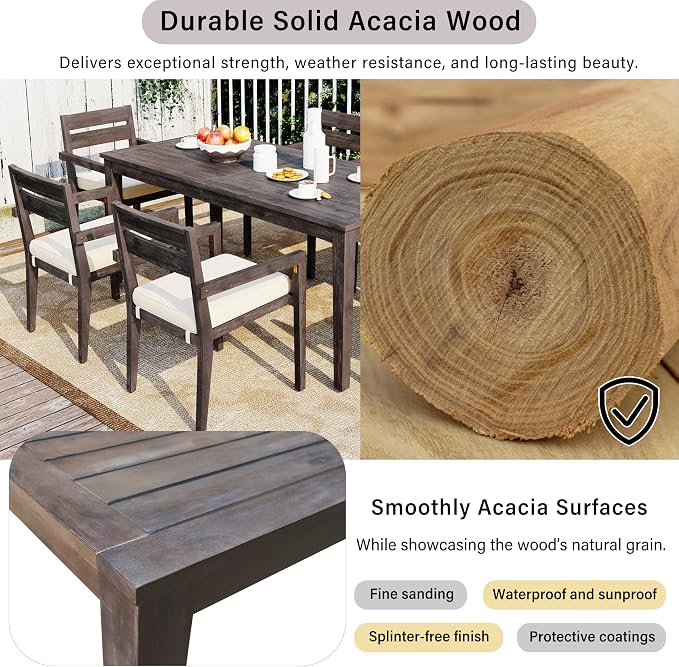 7 Pieces Outdoor Acacia Wood Dining Table Set for 6 with 70.9" Rectangular Table and 6 Chairs, Modern Patio Dinner Set with Cushion for Backyard, Garden, Poolside or Indoor, Antique Gray