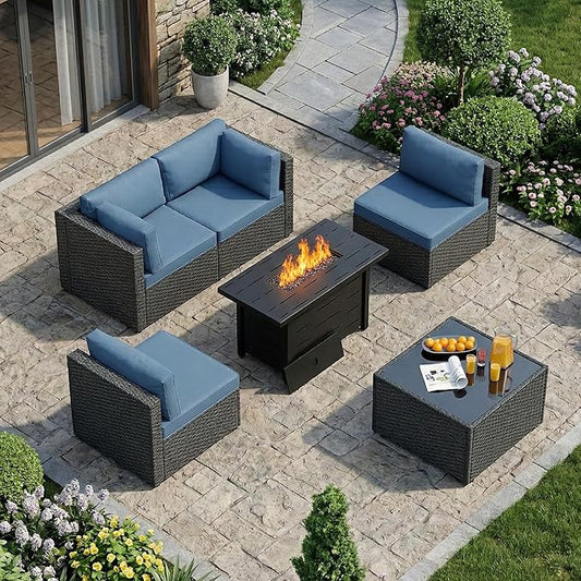 SUNLEI 5 Piece Outdoor Patio Furniture Set with Fire Pit Table, Black PE Rattan Wicker Conversation Sofa Set with Blue Cushions, All Weather Sectional Patio Couch for Backyard, Deck, Garden, Porch