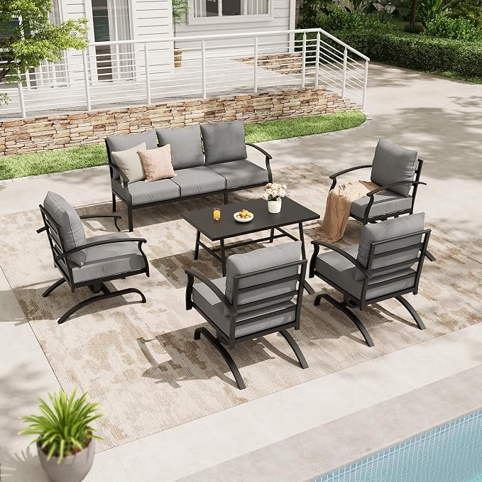 Metal Patio Furniture Set,6 Pieces 7 Seats Patio Sectional Outdoor Furniture Set with Rectangular Coffee Table,Patio Conversation Sets with 5.1" Thickened Cushions,Grey