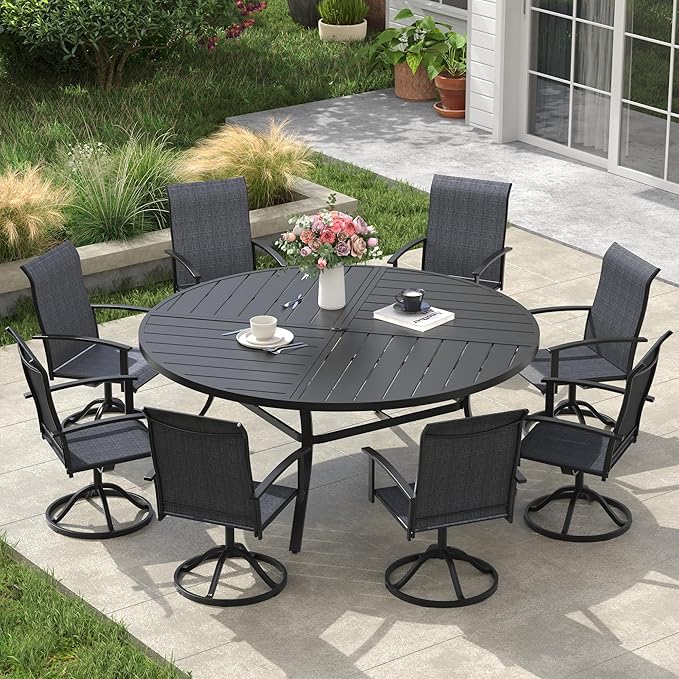 VICLLAX Outdoor Table and Chairs Set for 8, Patio Dining Set of 60 Metal Round Patio Table with Umbrella Hole & 9 Swivel Outdoor Dining Chairs for Backyard Lawn, Charcoal & Black
