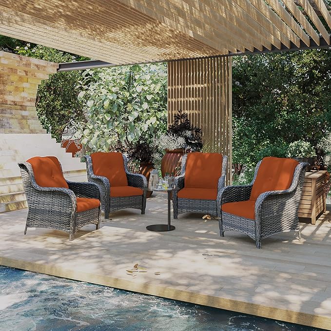Outdoor Wicker Chair Rattan Patio Dining Chairs Set of 4 PE Wicker Patio Chairs with 3.5 inch Seat Cushions Patio Seating Chair for Garden, Backyard Swimming Pool, Balcony, Beige