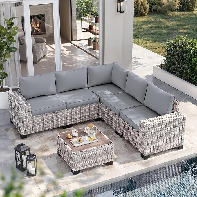6-Piece Outdoor Patio Furniture Set Wicker Sectional Sofa Set, Patio Conversation Set with Thickened Cushions & Coffee Table for Garden, Backyard, Poolside, Grey