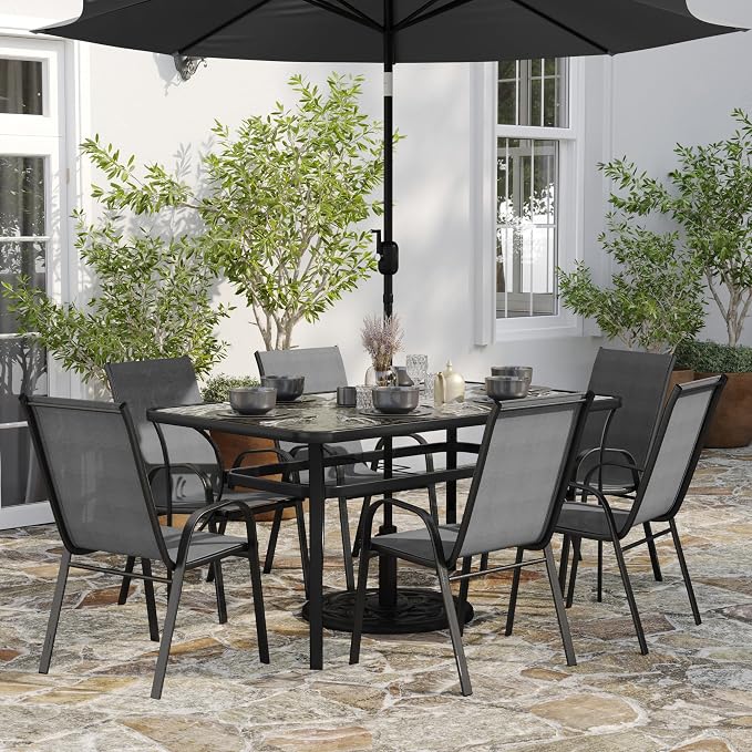Merrick Lane Bardwell 7-Piece Outdoor Dining Table Set for 6, Glass Top Table with Hole for Umbrella, 6 Breathable Textilene Stackable Patio Chairs, Gray/Black