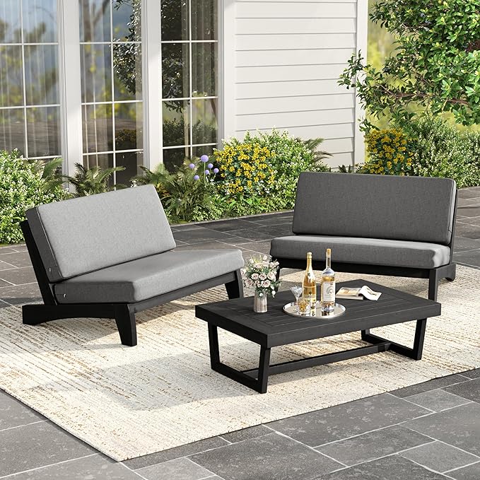 UIXE Black Wood Patio Furniture Sets, 3 Pieces All Weather Patio Loveseat Sofa Outdoor Sectional Futniture Backyard Conversation Set with Solid Wooden Coffee Table - Light Gray