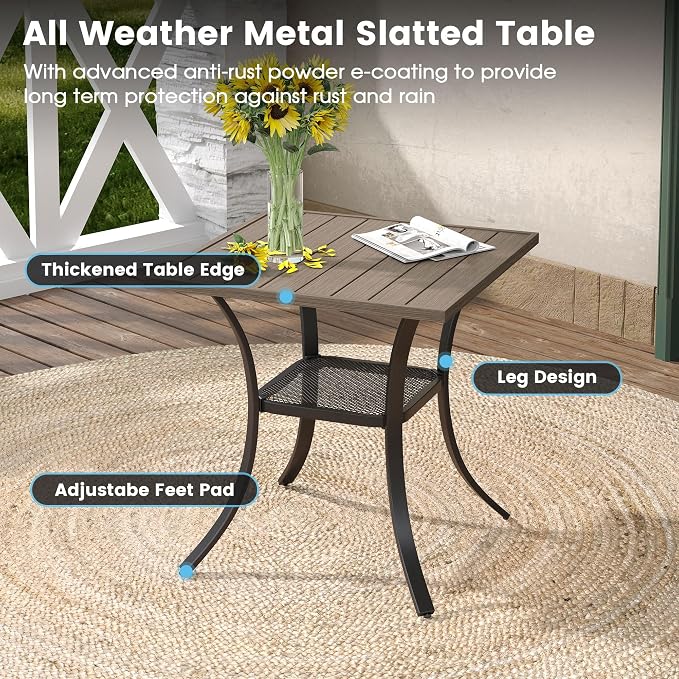 DIFY 3-Piece Outdoor Patio Bistro Dining Set, Grey Wood-Like Small Square Dining Table & 2 Grey Stackable Metal Chairs with Breathable Fabric, Outdoor Furniture Set for Balcony, Porch, and Deck