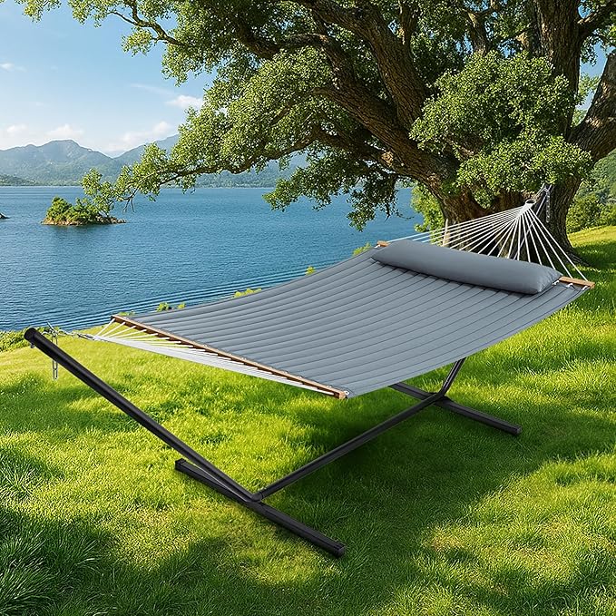 SUPERJARE Hammock with Stand, 2 Person Quilted Outdoor Hammock, Detachable Pillow & Bamboo Spreaders, Portable Hammock with Carrying Bag, Heavy Duty Stand, Perfect for Outside, Patio, Neutral Gray