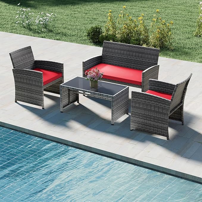 Tangkula 4 Piece Patio Wicker Furniture Set, Outdoor Heavy Duty Rattan Cushioned Chairs, Loveseat and Tempered Glass Coffee Table, for Backyard, Balcony, Poolside
