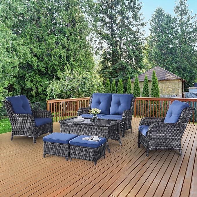 Belord 6 Pieces Patio Furniture Set Outdoor Wicker Furniture, 2 Patio Wicker Chairs with 1 Loveseat Sofa, Coffee Table and Ottomans, Patio Conversation Set for Porch Garden Deck Balcony Poolside