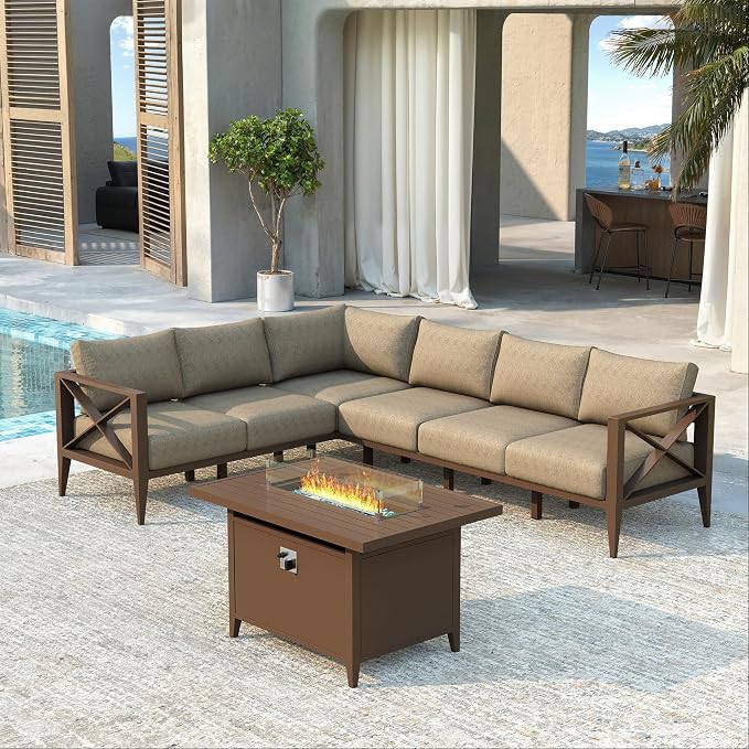 Outdoor Sectional Sofa Set with Fire Pit Table 6 Seat Patio Conversation Set Aluminum Patio Furniture for Backyard Deck Garden