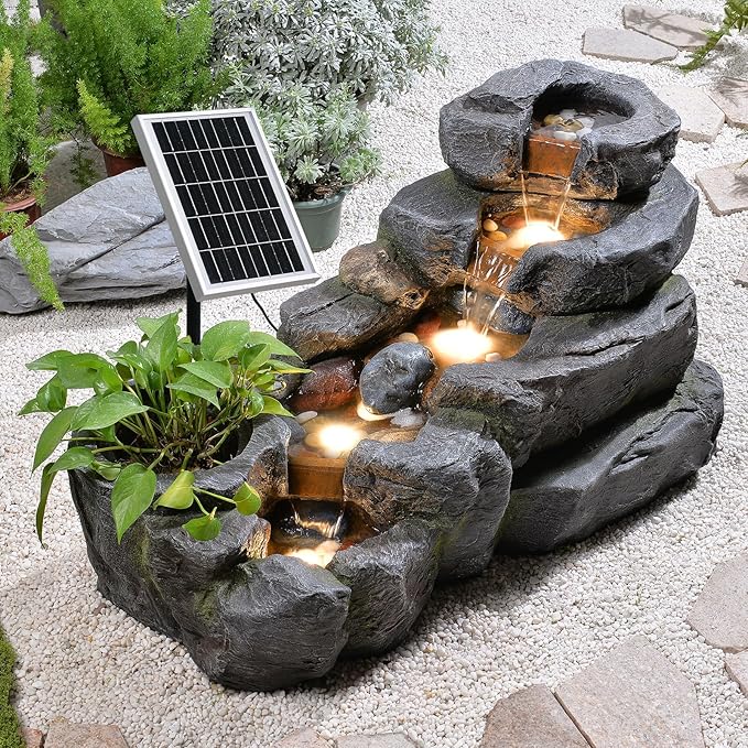 5-Tier Solar Water Fountain Outdoor, 38.2" L Rock Waterfall Fountains Solar Powered Floor Standing Outdoor Water Feature with LED Lights for Patio, Garden,Porch, Yard, Home Art Decor（Grey）