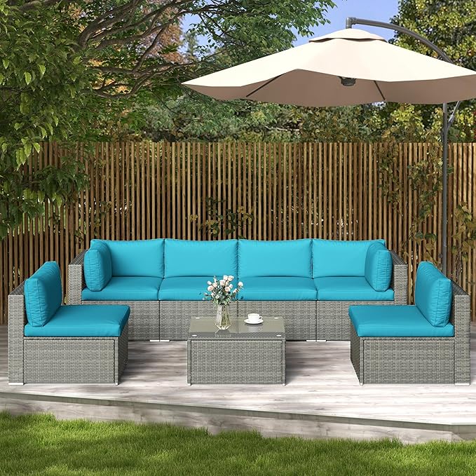 RoyalCraft 7-Piece Modular Patio Furniture Set, Wicker Outdoor Sectional Sofa with Cushions and Coffee Table, All Weather Patio Conversation Sets for Porch Balcony Backyard, Light Blue