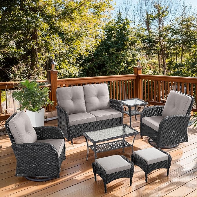 7 Piece Patio Furniture Set - Wicker Patio Conversation Set with Swivel Glider, Glider Loveseat, Tempered Glass Side Table and 2 Ottomans for Deck Backyard - Black Wicker Beige Cushion