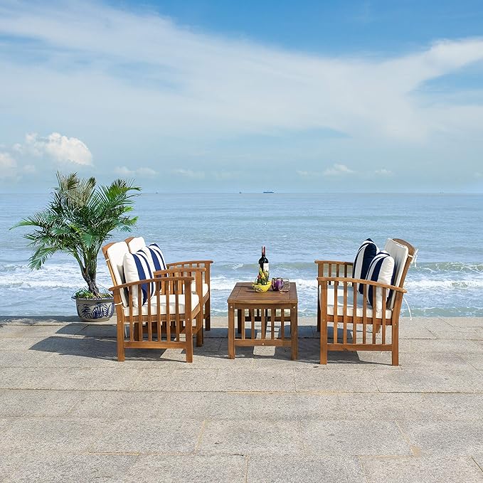 SAFAVIEH Outdoor Collection Rocklin Natural/ Beige Cushions/ Thick Stripe Pillows 4-Piece Conversation Patio Set