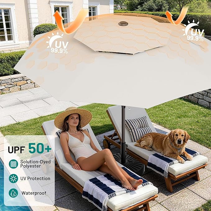 AreShark 11ft 2 Tiers Patio Umbrella - Outdoor Umbrella Waterproof UV Protection, Market Table Umbrella w/ 8 Sturdy Ribs&Crank for Pool, Porch, Garden(Ivory)