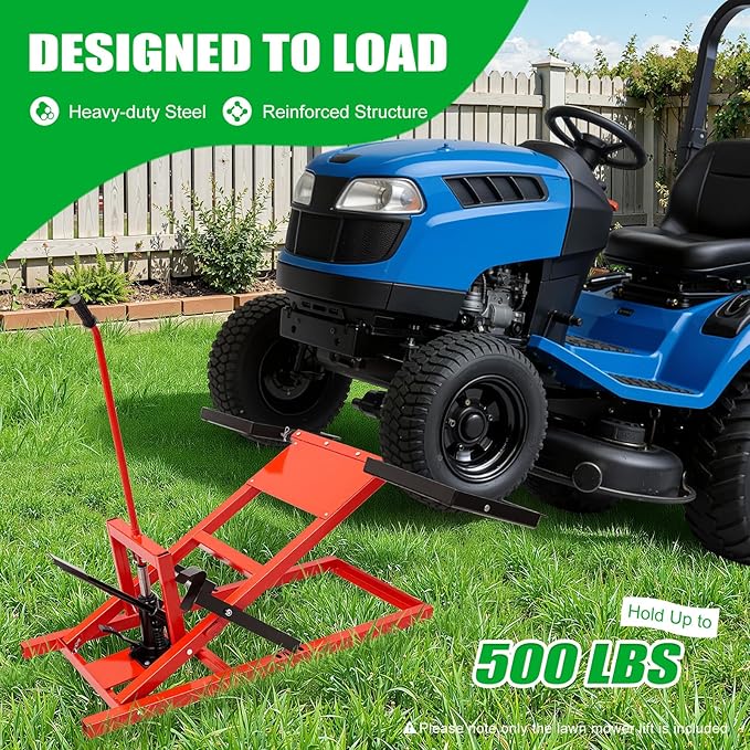 Lawn Mower Lift, Hydraulic Cylinder Lift Jack, 500lbs Capacity, 23-48in Adjustable Wheel Span Distance, 17.5-24in Lift Height, for Garden Tractors, Lawn Mowers, All-Terrain Vehicles, Red+ Black