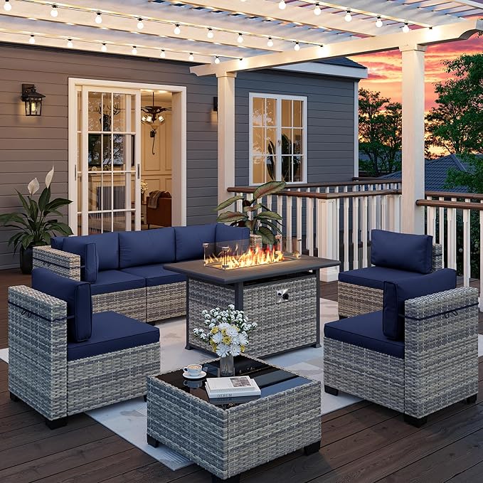 8-Piece Outdoor Patio Furniture Set with 55,000 BTU Fire Pit Table, PE Wicker Rattan Sectional Sofa Conversation Set - All-Weather Garden, Backyard Furniture, Navy Blue