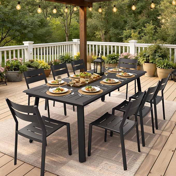 Aluminum Outdoor Dining Set for 8 with Stackable Armless Chairs | 82" Large Rectangular Patio Table Rust Proof Outdoor Furniture with Umbrella Hole for Lawn Garden Deck