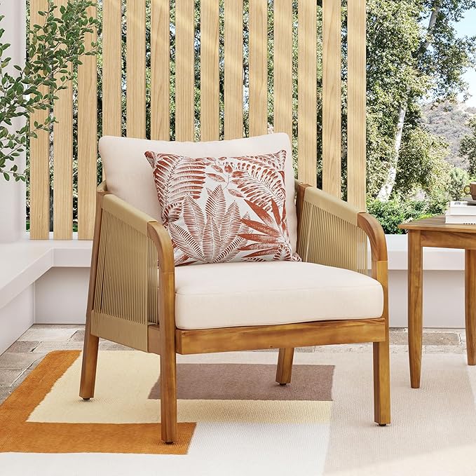 Merax Outdoor Acacia Wood Wicker Patio Club Chair,Conversation Set,Faux Rattan Accents