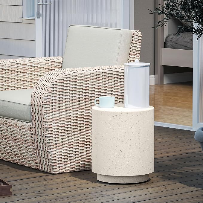 HOMCOM Concrete Finish Side Table, Lightweight Accent Table, 17" Patio Round Stump End Table with 4 Adjustable Feet for Indoor, Outdoor, Cream White