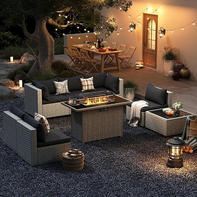 UDPATIO Patio Furniture Set with Fire Pit Table, 8 Pieces Outdoor Sectional Sofa, PE Wicker Patio Conversation Set for Garden, Backyard Black