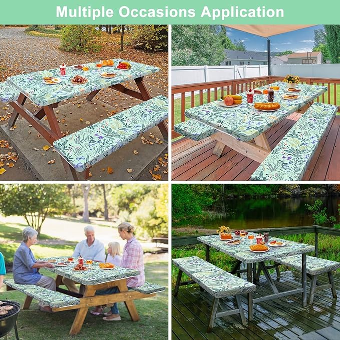 Picnic Table Cover with Bench Covers Camping Essentials Waterproof Windproof Camping Tablecloth with Drawstring Bag, Fitted Rectangle Tables and Seats, 72in, Gray Blue