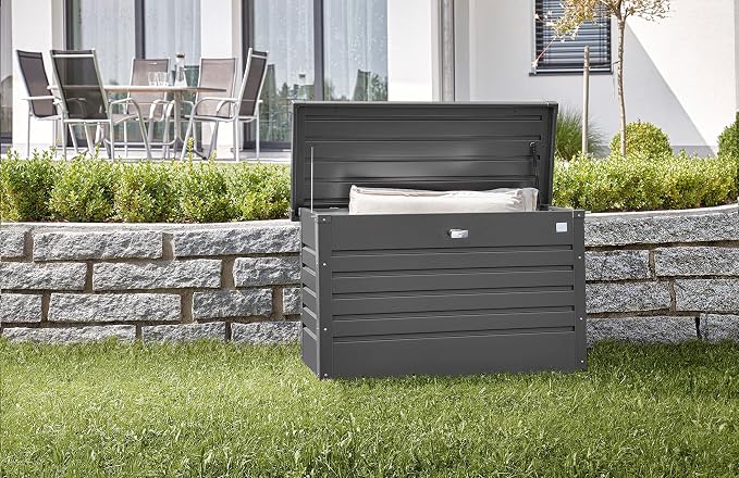 Biohort LeisureTime Metallic Dark Gray Deck Box - 51 Gallon Metal Outdoor Storage, Locking, Waterproof, for Tools, Cushions, Pool & Package Chest, Soft Close Size: 18in x 40in x 25in | 39.7 L x 18 W x 24 H, Durable Outdoor Storage, Locking, Waterproof,...