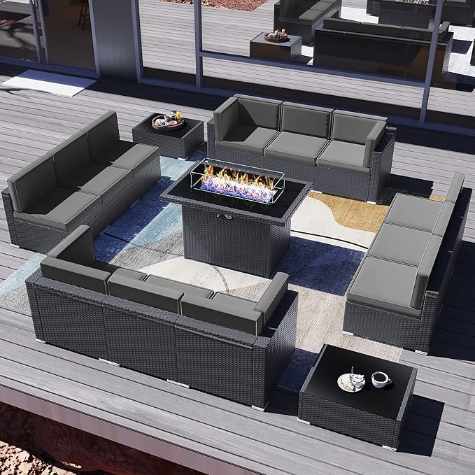 15 Pieces Patio Furniture Set with 44" Propane Gas Fire Pit Table, Outdoor Sectional Wicker Conversation Sofa Sets with Coffee Table