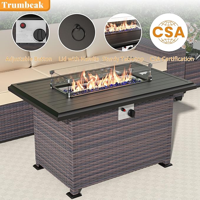 Patio Furniture Set with Fire Pit Table 10 Pieces Outdoor Sectional Sofa Set,PE Rattan Wicker Patio Conversation Set w/43in 55000 BTU Propane Fire Pit Table,Blue