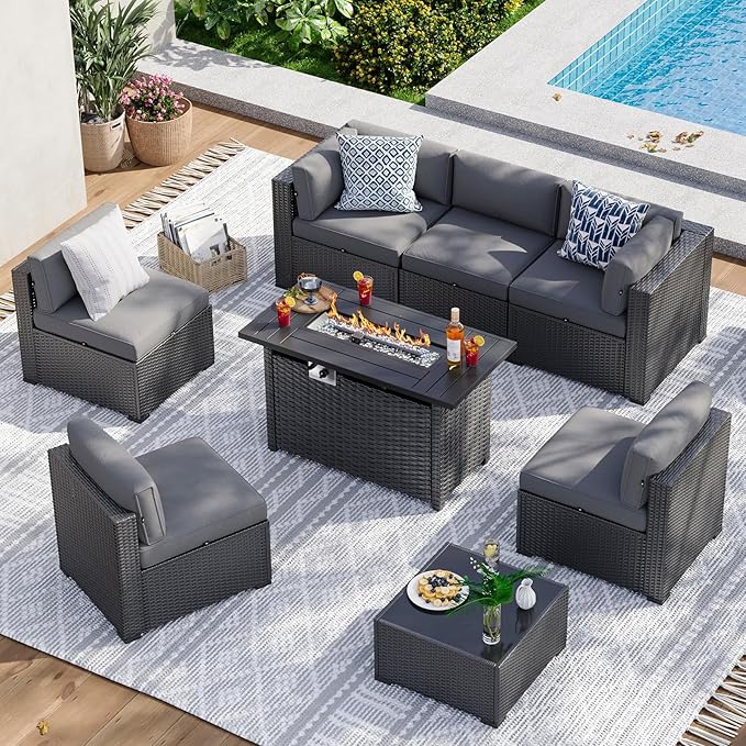 Aoxun 8 Piece Patio Furniture Set with 44” Fire Pit Table Wicker Rattan Patio Sectional Sofa Set Outdoor Seating Furniture with Thickened Cushion, Grey