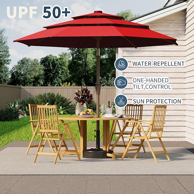 9FT 3 Tiers Patio Umbrella With Auto Tilt And Crank, Outdoor Table Market Umbrella with 8 Sturdy Ribs for Garden, Lawn, Deck, Backyard and Pool