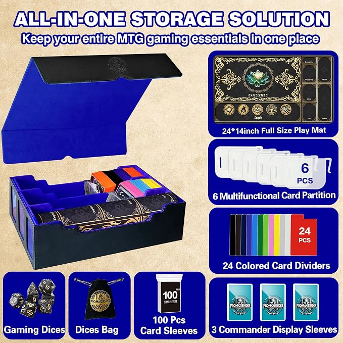 PROMAXIBINDER MTG Trading Card Storage Box with Playmat Fits 3000+ Cards, B-Row Commander Deck Case, 3 Display Windows, 6 Movable Partitions, 24 Dividers, for Magic/TCG/YuGiOh/Sport (Black&Blue)