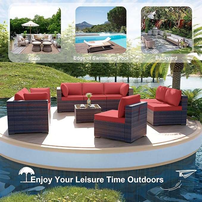 ALAULM 9 Pieces Patio Furniture Set Wicker Patio Conversation Set with 4 Corner Sofas, Outdoor Sectional Furniture w/Coffee Table & Washable Seat Cushions-Red