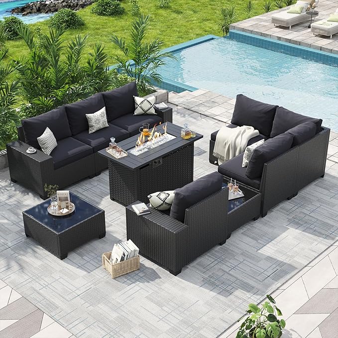 Aoxun 10-Piece Sectional Sofa with 44" Fire Pit, 4" Thicken Cushion, Widen Armrests Wicker for Backyard with Waterproof Cover