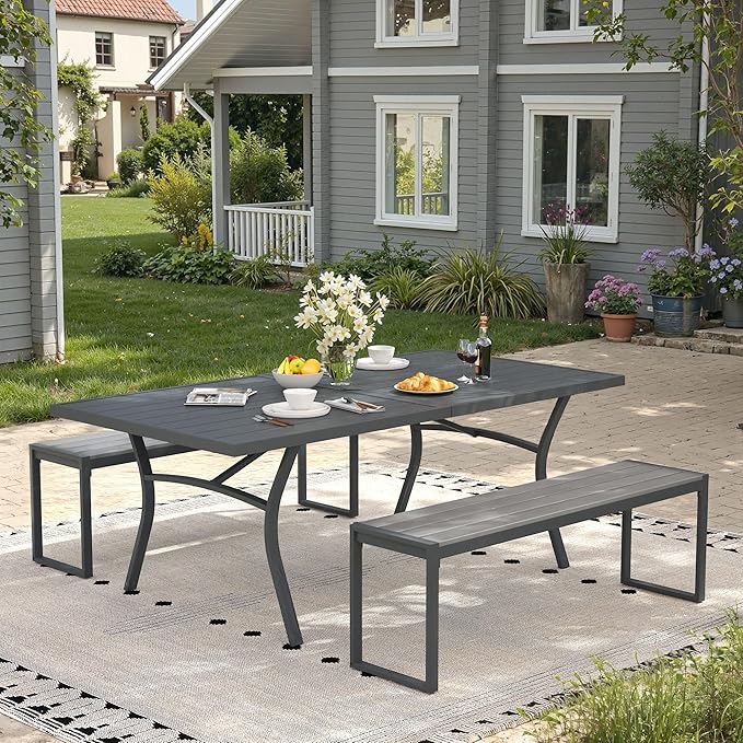 3 Pieces Outdoor Dining Set, 70.9" Patio Dining Table with 2 Outdoor Backless Benches Metal Frame & Faux Wood Seat for Garden Lawn Backyard, Grey