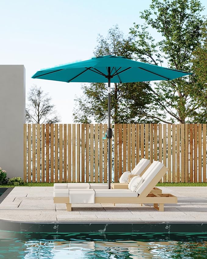 GarveeLife 9FT Outdoor Patio Umbrella, Outdoor Table Umbrella, Market Umbrella with Push Button Tilt and Crank, 8 Sturdy Ribs UV Protection Waterproof for Garden, Deck, Backyard, Pool, Turquoise Blue