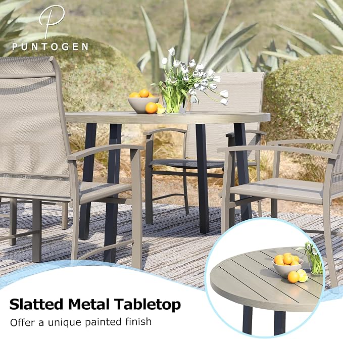 Outdoor Round Dining Table for 6, 47" Large Metal Wrought Iron Metal Table with Umbrella Hole, All Weather Patio Furniture for Deck, Yard, Porch - Honey Oak