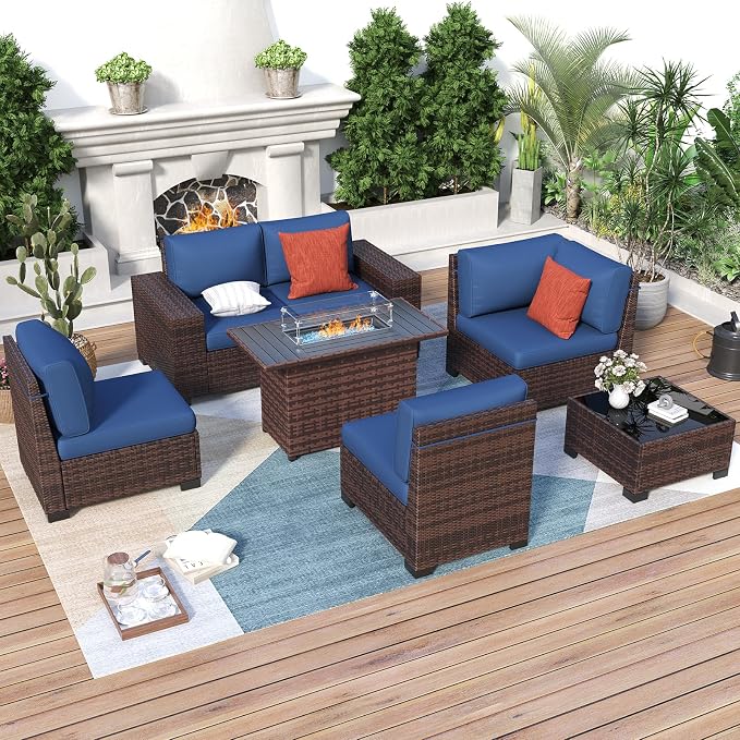 Patio Furniture with Fire Pit Table,8‘’ Wide armrest Outdoor Sectional Rattan Sofa Set, Wicker Patio Furniture Sets w/Coffee Table,Thick Cushions and Cover for Porch, Balcony,7PC(Brown&Navy)